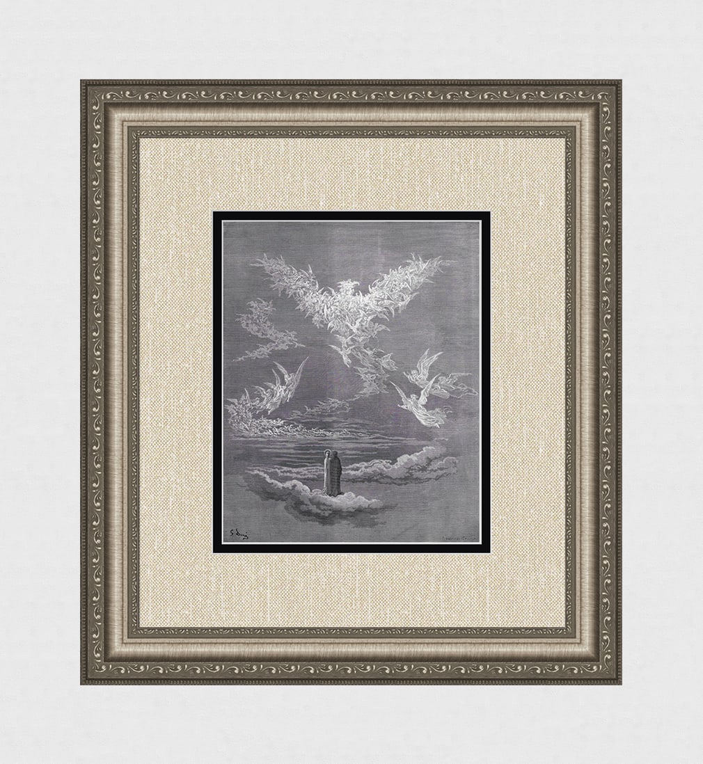 DORE 1800s Divine Comedy Woodcut "Blessed Souls form an Eagle" FRAMED Signed: Gustave Dore (Paul Gustave Louis Christophe Dore) (French, 1832-1883). Chant 19 The Vision of the Sixth Heaven (from Dante's Divine Comedy Paradise). Antique woodcut on wove paper after the original b