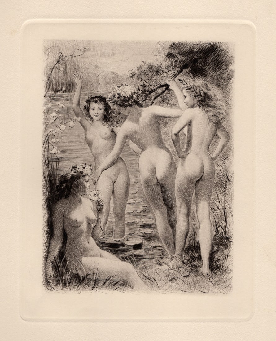 Inside Cupid's Garden Original 1955 Paul-Emile Becat Limited Etching: Paul-emile Becat (French, 1885 - 1960). Inside Cupid's Garden. Original drypoint etching on wove paper.Year: 1955. Edition 282 limited edition of 670. Publisher Les Heures Claires, Paris. Image Size 6