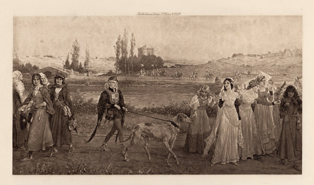 George Henry Boughton The Road to Camelot 1898 print: George Henry Boughton. (Anglo-American, 1833 - 1905). The Road to Camelot. Antique heliogravure after the original oil on canvas by a Master Engraver. 1898. Excellent. Approximately 15 x 19 inches. Pl