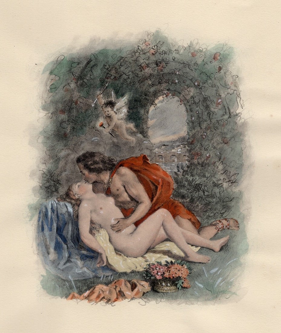 Original 1947 Paul-Emile Becat Limited Lithograph Passion Framed: Paul-emile Becat (French, 1885 - 1960). Sixth Kiss, The Delirium (Sixième Baiser, Le Delire). Original color lithograph on velin paper. Year: 1947. Numbered limited edition. This is one of 254 number