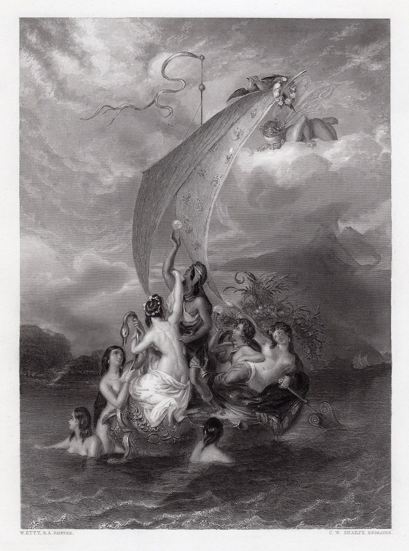 William Etty Youth and Pleasure (Youth on the Prow, and Pleasure at the Helm) engraving signed: William Etty. (English, 1787 - 1849). Youth and Pleasure (Youth on the Prow, and Pleasure at the Helm). Antique engraving on wove paper after the original oil painting by master engraver Charles Willi