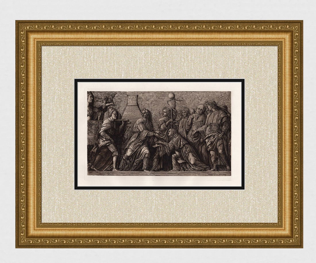 Andrea Mantegna 1874 etching The Triumph of Scipio signed: Andrea Mantegna. (Italian, 1431-1506). The Triumph of Scipio. Antique Copper plate etching on laid paper after the original by master etcher William Wise (British, 19th Century). 1874. Signed in the p