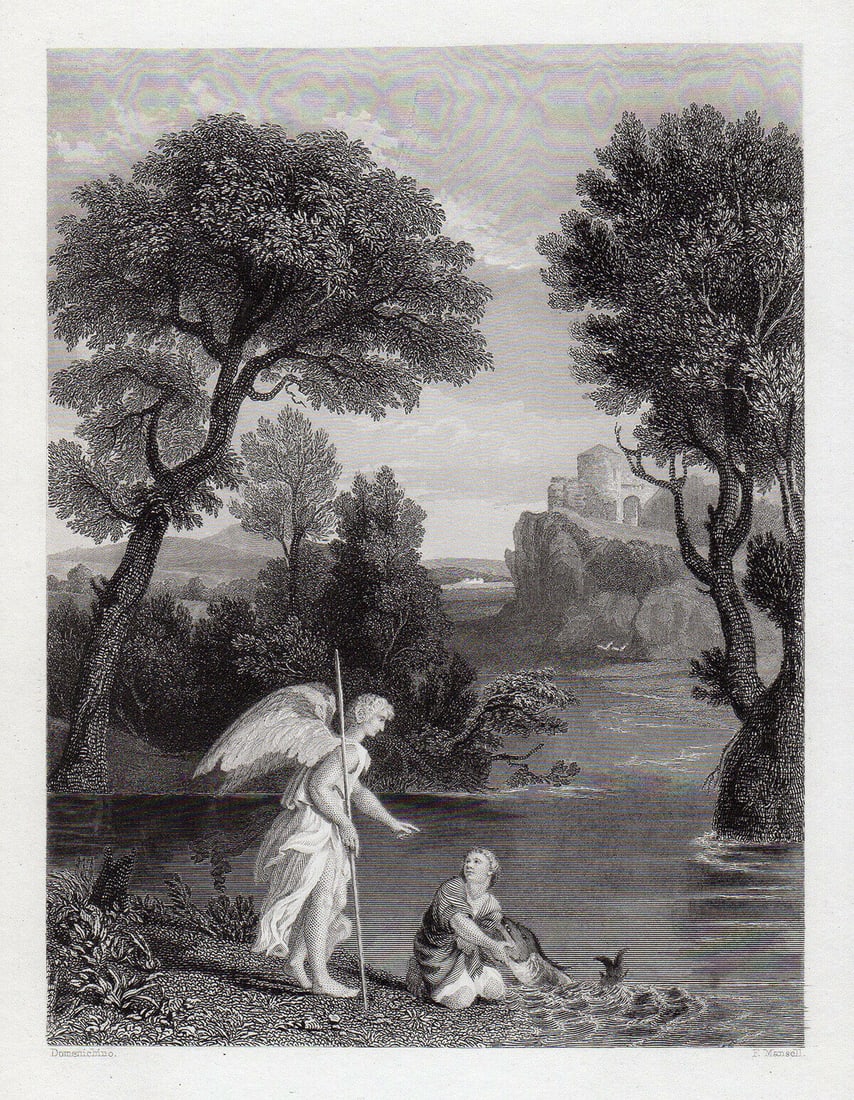 Domenichino Tobit and the Angel 1834 Engraving Signed: Domenichino. Tobit and the Angel. Antique steel engraving on wove paper after the original by master engraver F. Mansell. 1834. Signed in the plate. Image Size - 5 x 6 3/4 inches. Framed dimensions: A