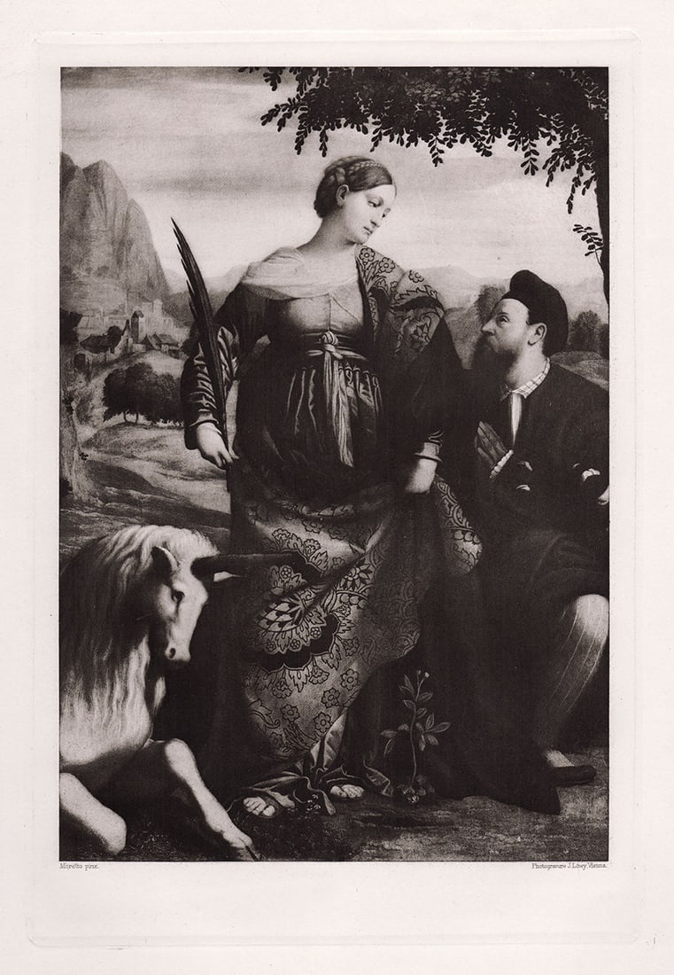 1892 Moretto Santa Giustina di Padova e un donatore (Santa Giustina of Padua and a donor) Antique: Moretto. (Allessandro Bonvicino) (also Buovicino) (Italian, c.1498-1554), more commoly known as Moretto, or in Italian Moretto da Brescia. Santa Giustina di Padova e un donatore (Santa Giustina of Pad