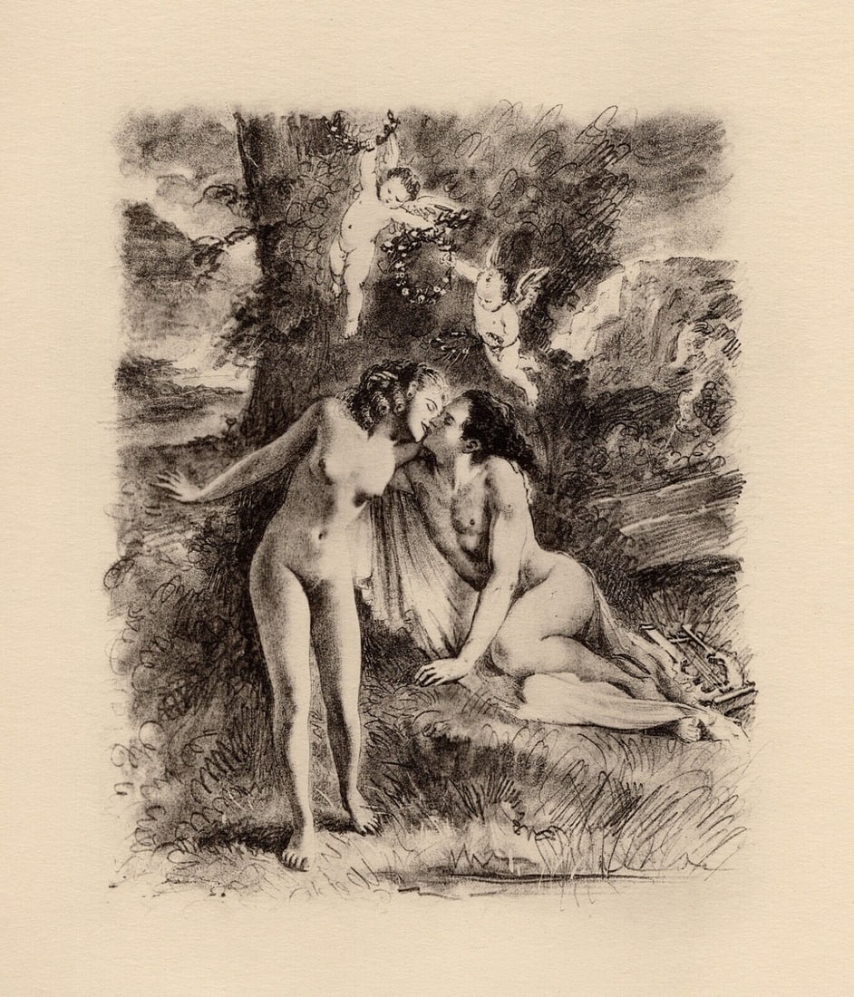 Original 1947 Paul-Emile Becat Limited Lithograph Love in the Garden Framed: Paul-emile Becat (French, 1885 - 1960). The Kisses I (Les Baisers I). Original lithograph on velin paper. Year: 1947. Numbered limited edition. This is one of 254 numbered copies bearing the number 17