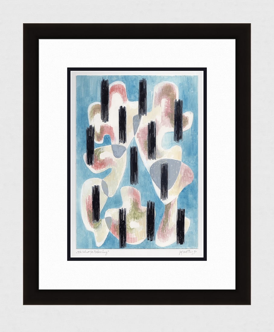 Mathis Original Gouache The Black Accent Framed Swiss: Josef Johann Mathis (Joe Mathis, 1913 - 2002; Swiss). The Black Accent (Die schwarze Betonung). Original Mixed Media Gouache on paper. Year: 1990. Hand signed and dated in pencil, lower right. Titled