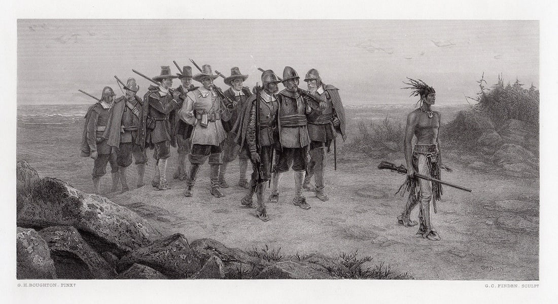 George Henry Boughton The March of Miles Standish 1872 engraving: George Henry Boughton. (Anglo-American, 1833 - 1905). The March of Miles Standish. Antique engraving on wove paper after the original by master engraver George C Finden (British, 1811 - 1885). 1872. S