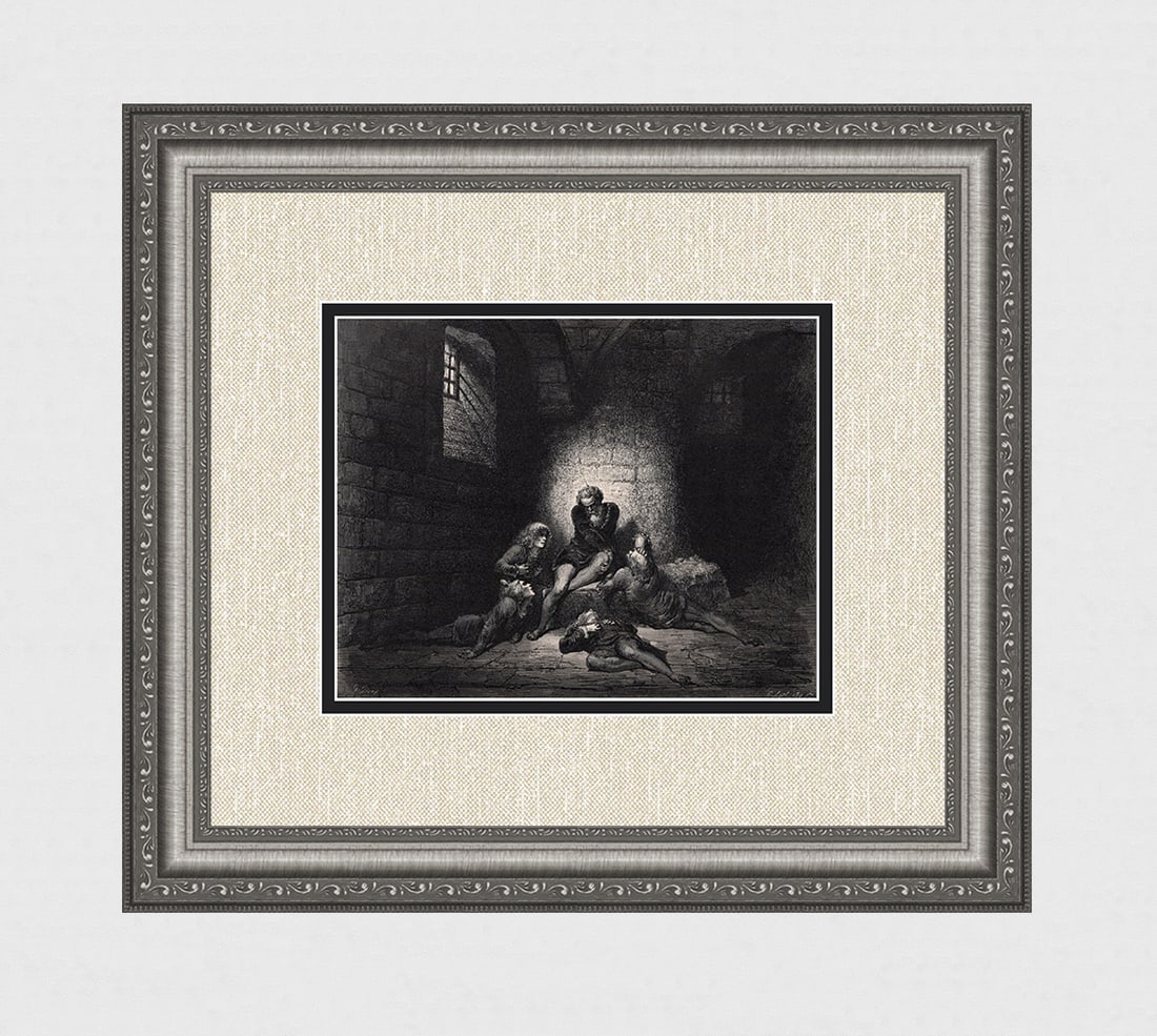 1800s DORE Divine Comedy Woodcut "Ugolino in Prison" FRAMED SIGNED COA: Gustave Dore (Paul Gustave Louis Christophe Dore) (French, 1832-1883).Chant 33. Count Ugolino and His Family (Dante's Divine Comedy Enferno). Antique woodcut wove paper after the original by master wo