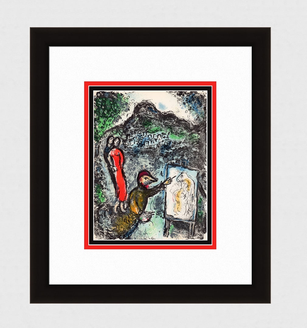 Marc Chagall Original Lithograph Couple and Artist 1972: Marc Chagall (1887-1985) Couple et artiste devant Saint Jeannet (Marc Chagall, Couple and Artist in Front of Saint Jeannet) (Reference Mourlot 646). Original Color Lithograph on Wove Paper. 1972. Atel