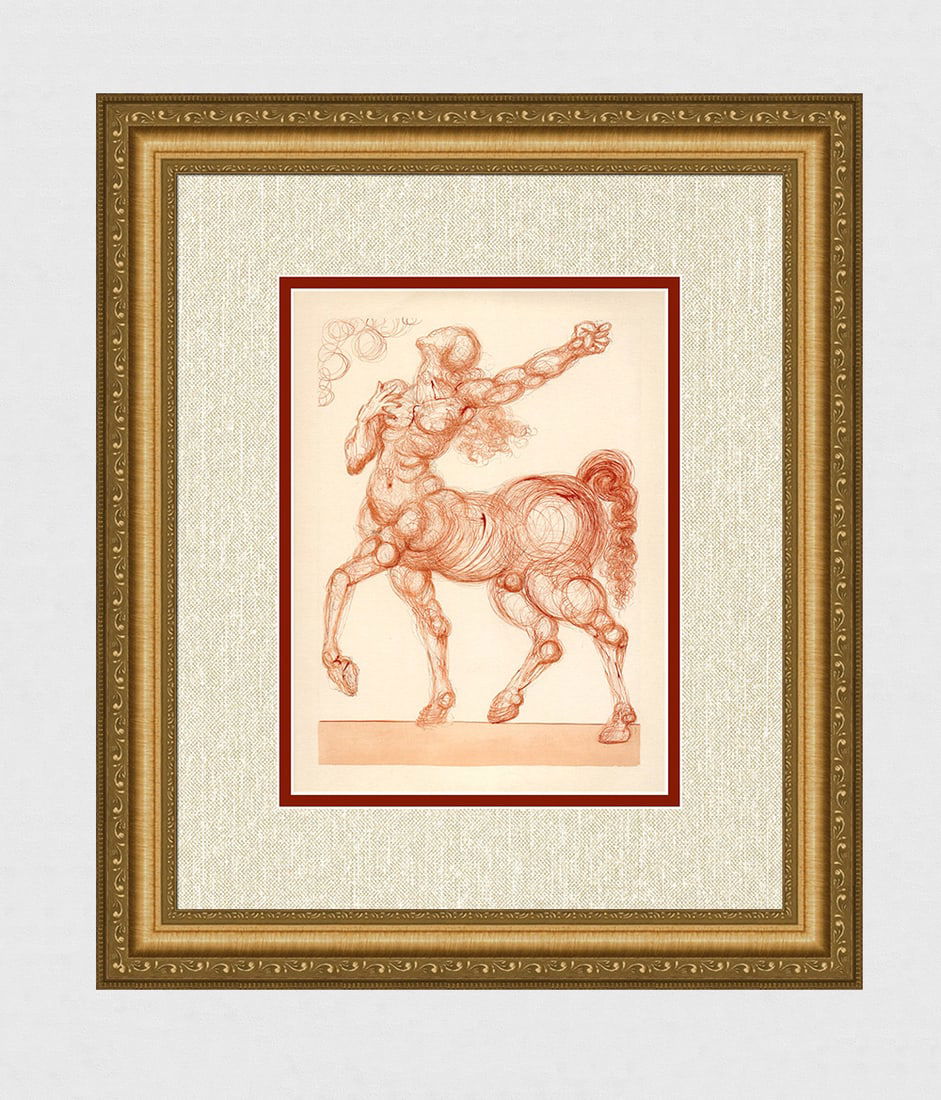 1960 Salvador Dali Centaur Authentic Woodcut: Salvador Dali. (1904-1989). "The Centaur" Enferno Canto 25 . Authentic Original Color Woodcut from The Divine Comedy Printed in 1960 on B.F.K. Rives Paper ( this is not a reproduction, copy, or reprin