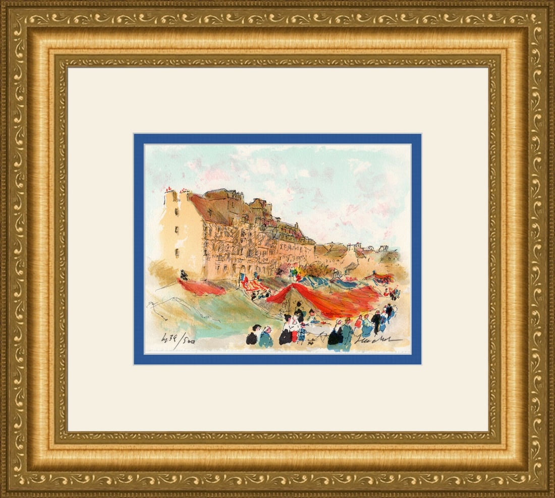 ORIGINAL URBAIN HUCHET HAND S/N Color Lithograph "Market in Rennes" FRAMED (1 of 2)