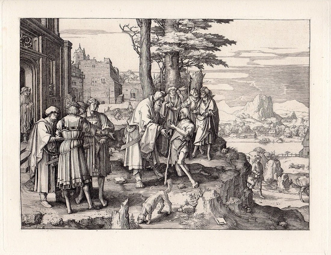Lucas van Leyden 1883 engraving The Return of the Prodigal Son signed: Lucas van Leyden. (1494 - 1533). The Return of the Prodigal Son. Antique engraving on laid paper after the original by master engraver etcher Amand Durand (1831-1905). 1883. Signed in the plate. Excel