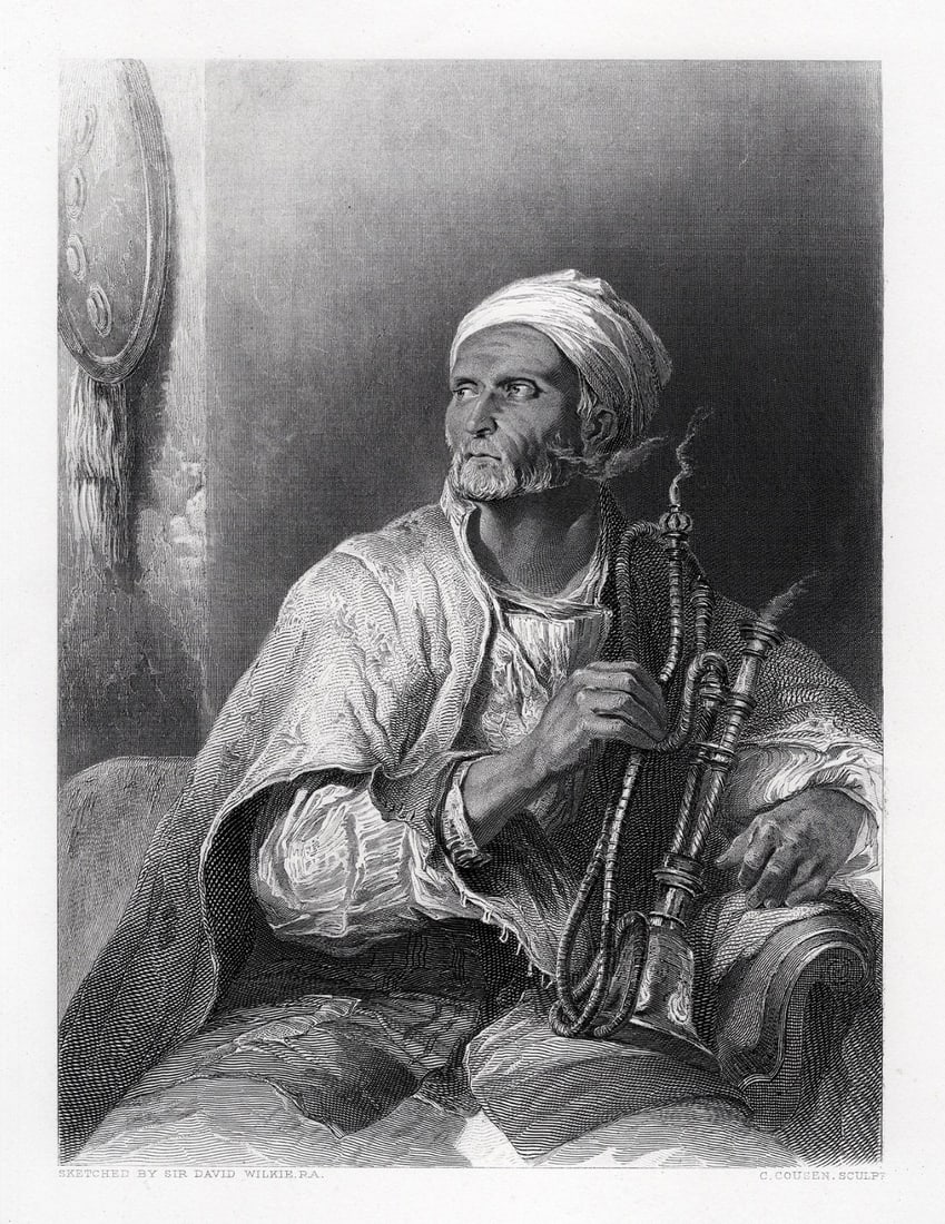 David WILKIE SIGNED 1800s Antique Engraving The Hooka Badar FRAMED: Sir David Wilkie (Scottish, 1785-1841). The Hooka-Badar (The Hookah-Badar). Antique engraving on wove paper after the original by master engraver Charles Cousen (British, 1819-1889). Year: c. 1888. Si
