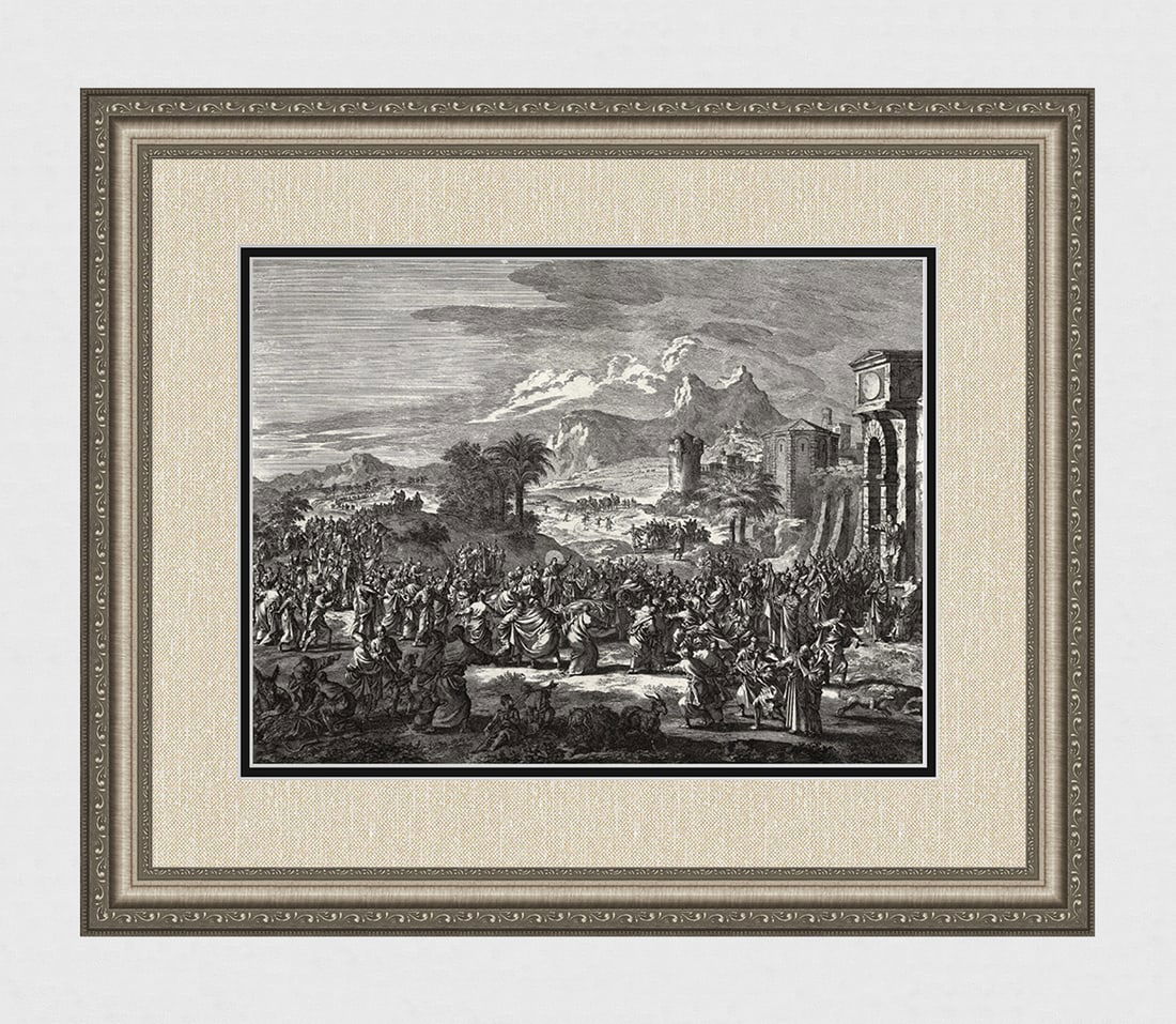 1747 Monumental Engraving Jan Luyken Ressurection Framed: Jan Luyken (Dutch, 1649 - 1712). Jesus Resurrects a Young Man. Antique engraving on laid paper. Year: 1747. Publisher: Frans Houtteyn. Reference: Hollstein / Dutch and Flemish etchings, engravings and