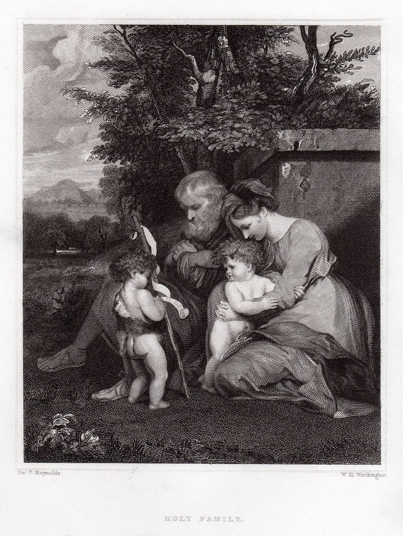 Sir Joshua Reynolds Holy Family engraving signed: Sir Joshua Reynolds. (English, 1723-1792). Holy Family. Antique Steel Engraving on Wove Paper after the Original Painting by Master Engraver William Henry Worthington (1795-1839). 1834. Signed in the