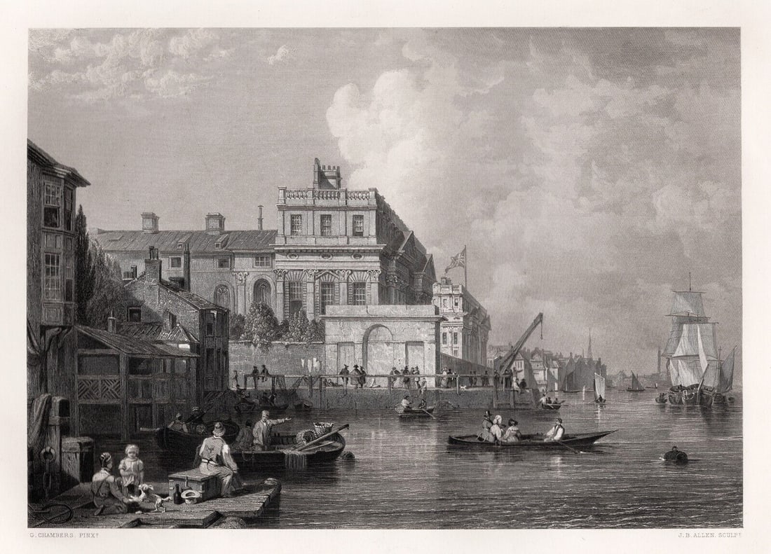 1800s GEORGE CHAMBERS Greenwich Hospital London FRAMED SIGNED: George Hyde Chambers (English, 1803-1840). Greenwhich Hospital. Antique engraving after the original by master engraver James Baylis Allen (Britihs, 1803-1876). Year: 1859. Signed in the plate. Image