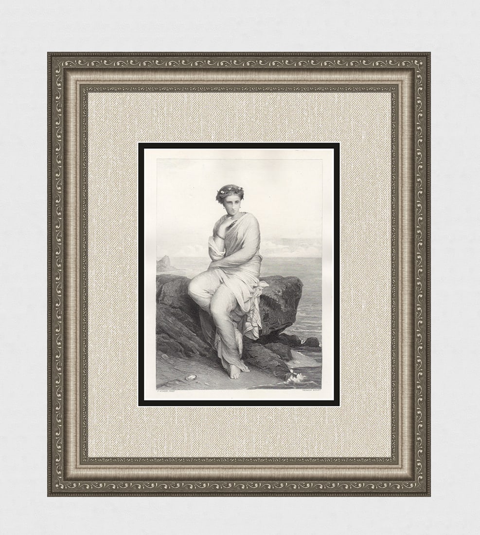 Jean-Ernest Aubert Daydreaming 1878 engraving signed: Jean-Ernest Aubert (or Ernest-Jean Aubert) (French, 1824 - 1906). The Reverie (Daydreaming). Antique steel engraving on wove paper after the original by master engraver C.E. Thibault. 1878. Signed in