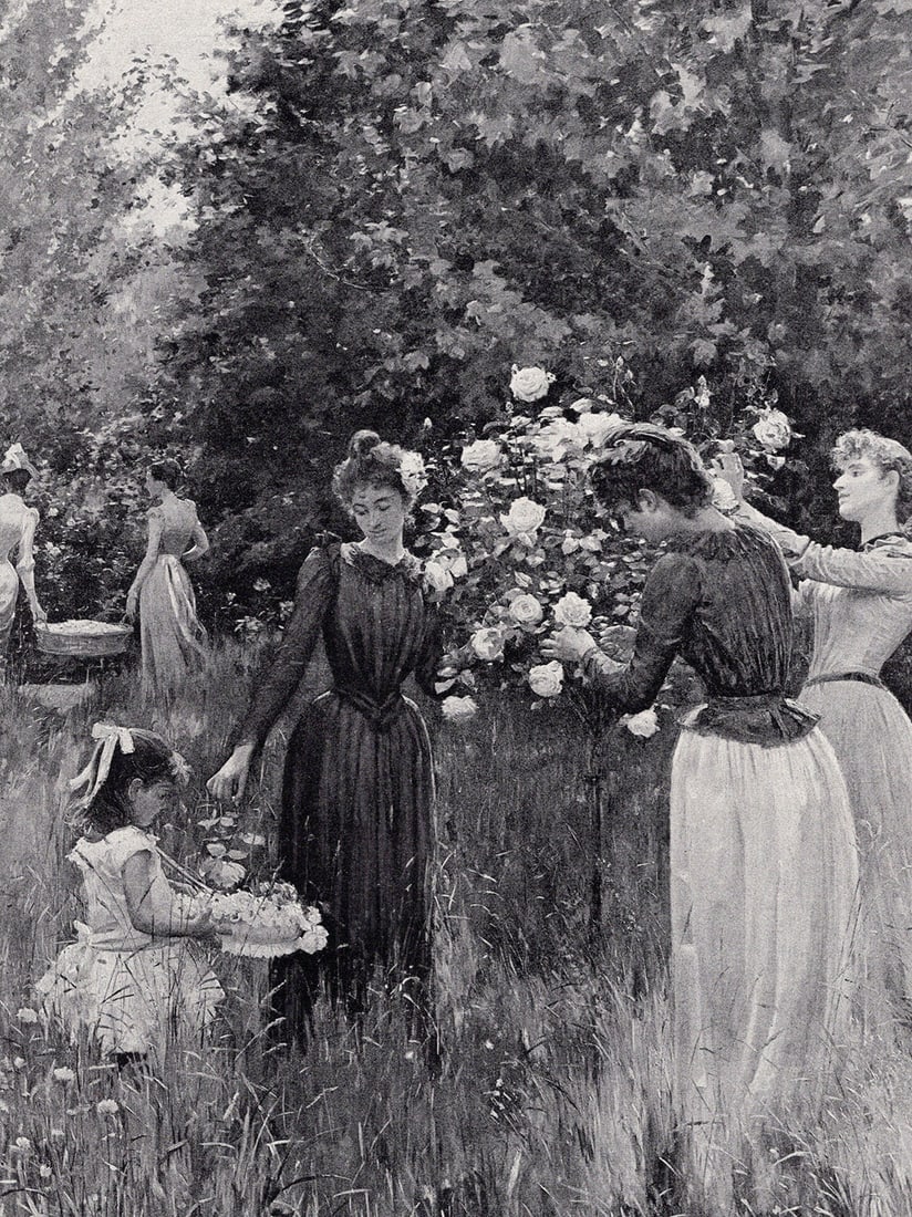 Albert Louis Aublet 1800s Antique Print Gathering Roses Framed: Albert Louis Aublet (French, 1851-1938). A Fete of Flowers. Antique print after the original. Year: c. 1890. Image Size 8 1/4 x 10 1/4 inches. Framed dimensions approximately 17 x 19 inches. This piec