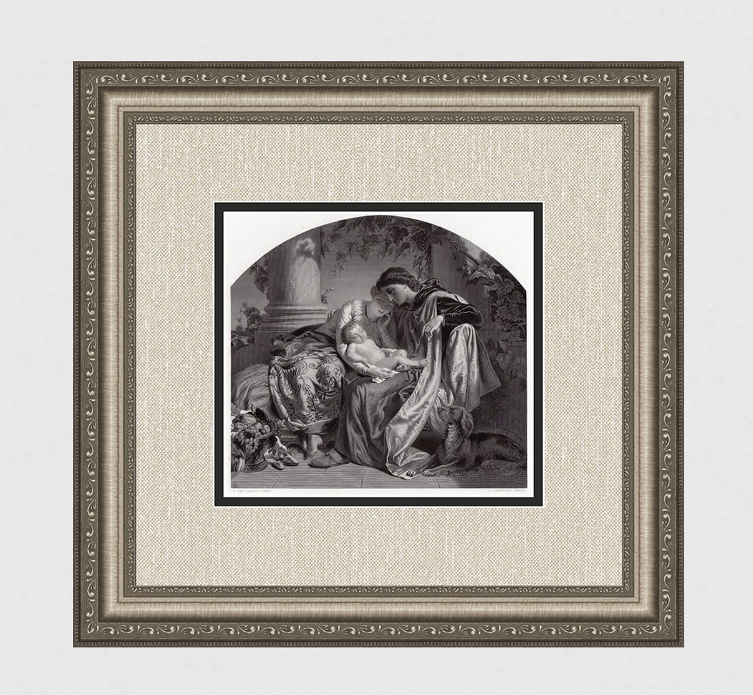 SIGNED 1800s Jozef Van Lerius Engraving Miracle of the First Child FRAMED: Jozef Van Lerius (Joseph Henri Francois Van Lerius) (Belgian, 1823-1876. The Frist Born. Antique engraving on laid paper after the original by master engraver Peter Lightfoot (British, 1805 - 1885). S
