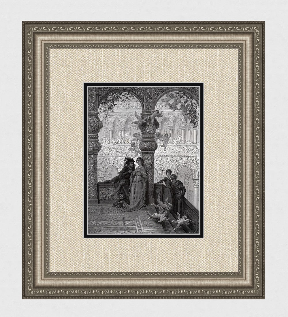Gustave Dore 1800s Orlando Furioso Woodcut KING ASTOLFO and Cherubs Framed Signed: Gustave Dore (Paul Gustave Louis Christophe Dore )(French, 1832-1883). King Astolfo of the Langobards and Iocondo Latini travel all over Europe incognito, making love to beautiful women. (From Orlando