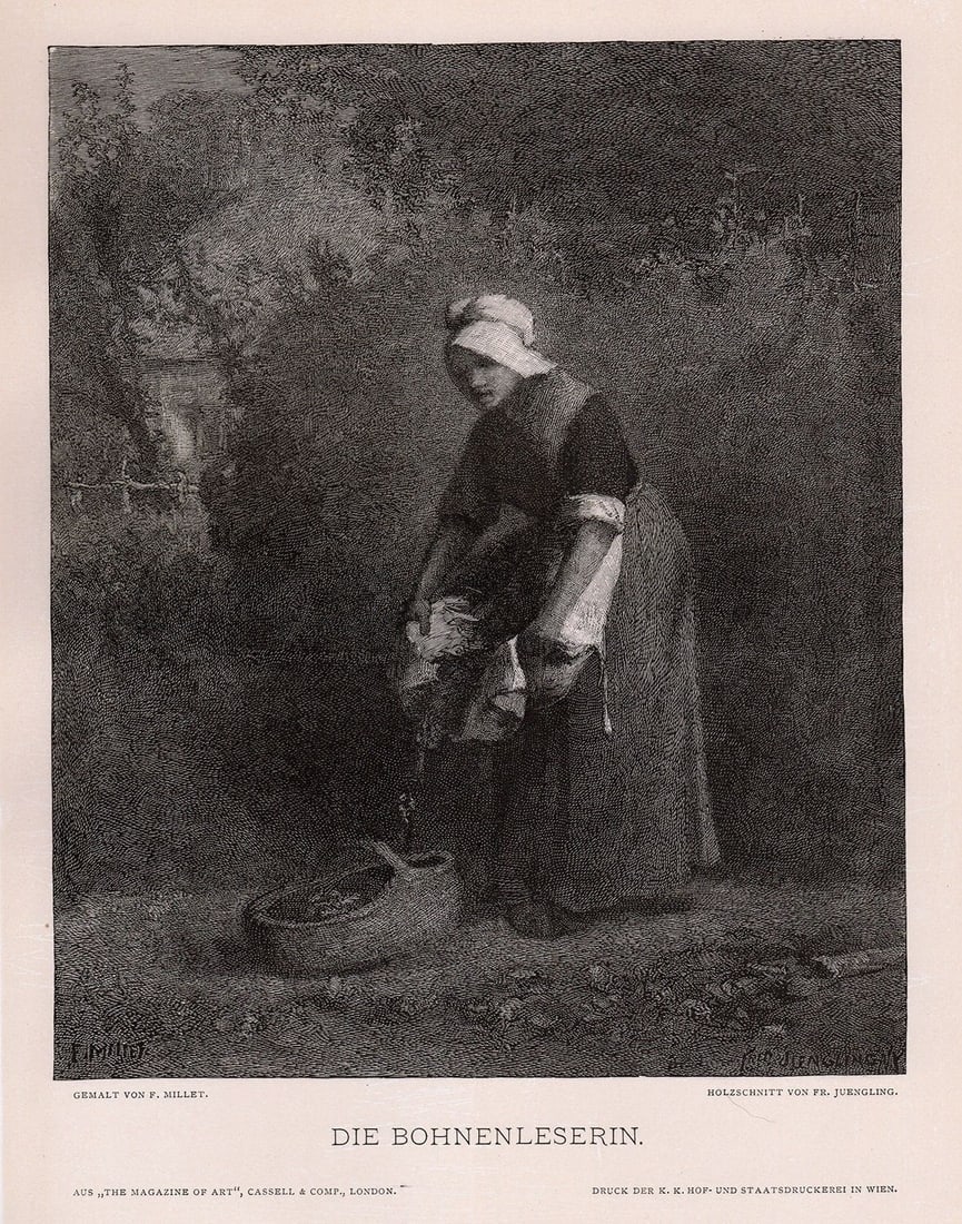 Jean-Francois Millet (French, 1814 - 1875) 1887 woodcut Die Bohnenleserin (Gathering Beans) signed: Jean-Francois Millet (French, 1814 - 1875). Die Bohnenleserin (Gathering Beans). Antique woodcut on wove paper after the original oil on canvas by Master Wood Engraver Frederick Juegling (German, 1846