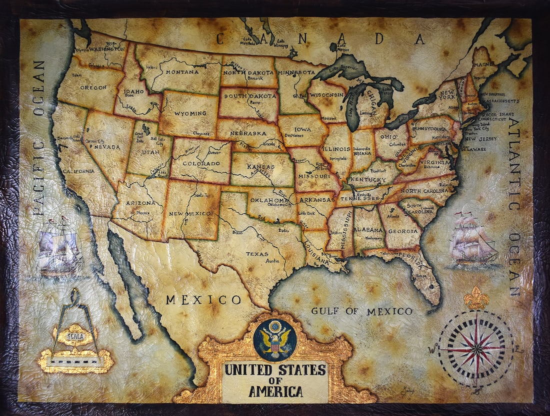 Large Detailed Original Oil Painting United States Map Julius Lira Salazar 48 x 36 inches: Julius Lira Salazar. "United States Map" Original painting on canvas. Canvas Size 36 x 48 inches. Born In Madre De Dios, Peru, In 1973, Julius Lira Salazar Comes From One Of The Poorest But Nicest Are