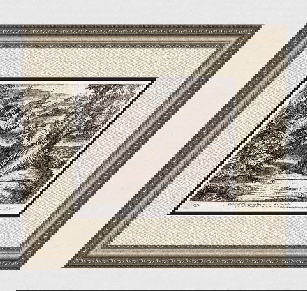 Raphael 1649 Engraving Vatican God Appears in the burning bush: Raphael (Italian, 1483-1520). God Appears in the burning bush. Antique 1649 engraving on laid paper after the original from the series of etchings Biblical Scenes, after the frescoes by Raphael in the