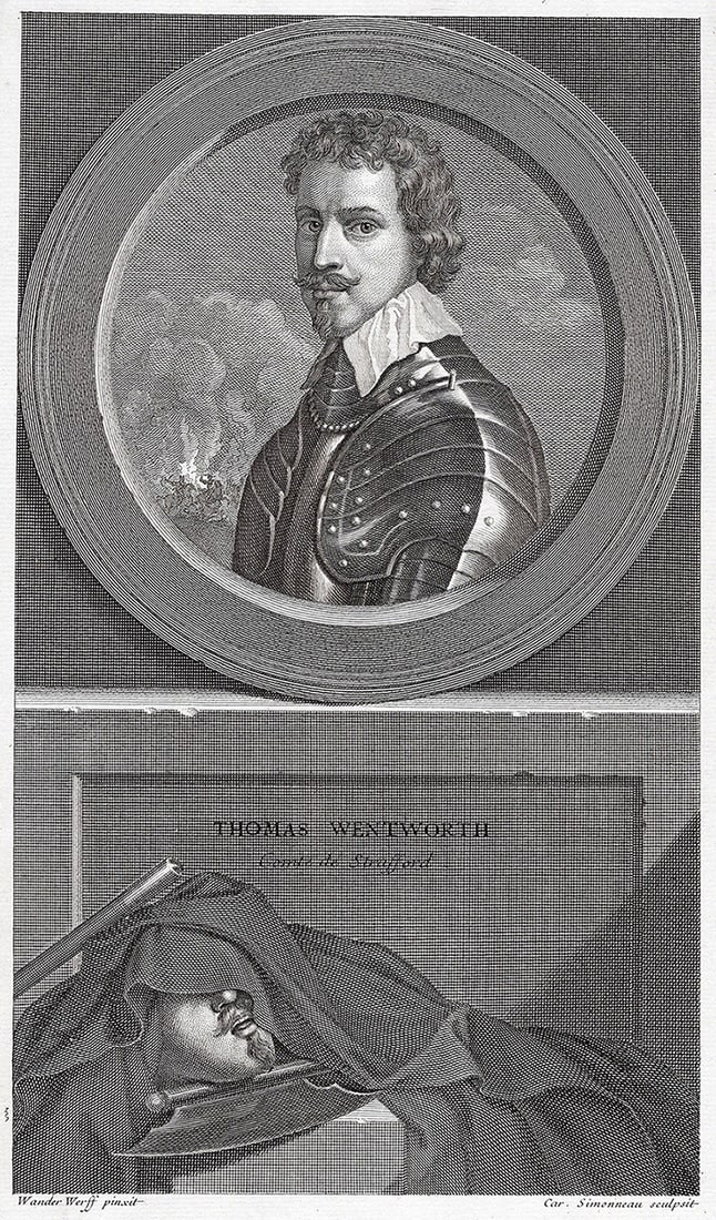 Adriaen van der Werff 1697 Engraving Thomas Wentworth, Earl of Strafford Framed: Adriaen van der Werff (1659 - 1722). Portrait of Thomas Wentworth, Comte de Strafford (1593 - 1641). Antique engraving on laid paper after the original by master engraver Charles Louis Simmonneau (164