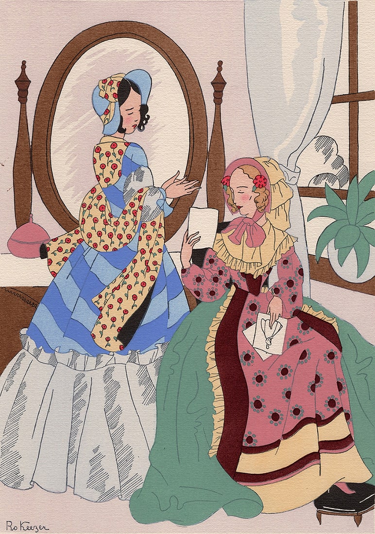 RO KEEZER SIGNED Vintage Color Pochoir Choosing the Dress Framed: Rosa Sara (Ro) Keezer (Dutch, 1905 - 2003). Quelle robe choisirai'je (Which dress will I choose?). Vintage color pochoir on wove paper. Year: 1930. Signed in the plate, lower left. Image Size 7 1/8 x