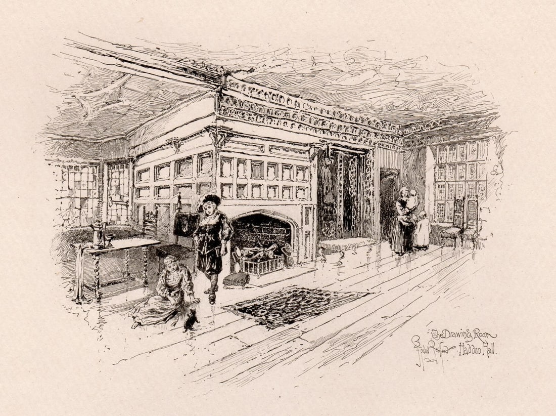 Herbert Railton The Drawing Room, Haddon Hall 1891 etching: Herbert Railton. (English, 1857-1910). The Drawing Room, Haddon Hall. Antique Hand Pulled copper plate etching on thick wove paper. 1891. Excellent. Image size 5 x 6 7/8 inches. Approximately 14 x 16