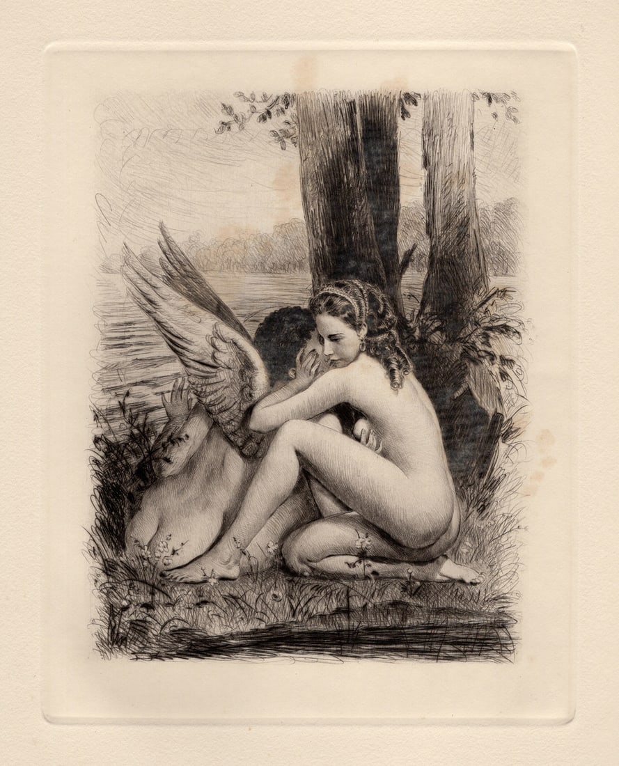 Cupid Whispers to Psyche Original 1955 Paul-Emile Becat Limited Etching: Paul-emile Becat (French, 1885 - 1960). Cupid Whispering to Psyche. Original drypoint etching on wove paper. Year: 1955. Edition 282 limited edition of 670. Publisher Les Heures Claires, Paris. Image