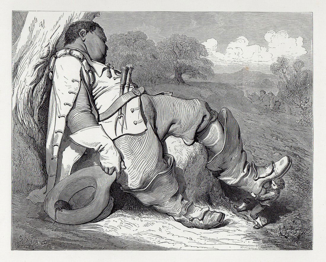 Gustave Dore Little Tom Thumb VIII 1880 Wood Engraving Signed: Gustave Dore. Little Tom Thumb VIII. Antique Wood Engraving on thick wove paper after the original by a Master wood engraver. 1880. Signed in the plate. Image size 7 1/2 x 9 3/8 inches. Framed dimensi