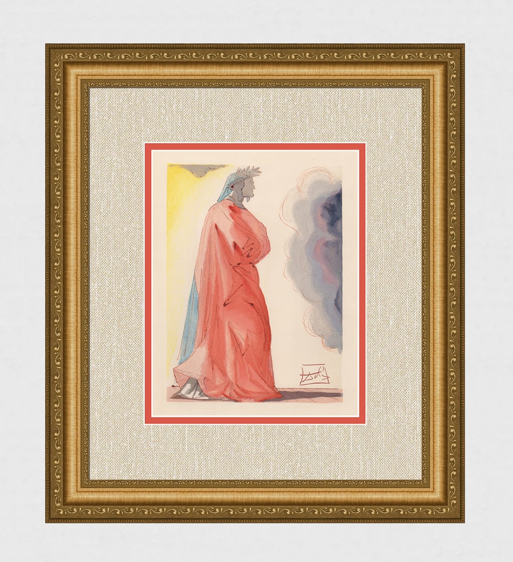 1960 Salvador Dali Paradise Authentic Woodcut Signed Framed: Salvador Dali. (1904-1989). "Dante" Paradise Canto 1. Authentic Original Color Woodcut from The Divine Comedy Printed in 1960 on B.F.K. Rives Paper ( this is not a reproduction, copy, or reprint, but