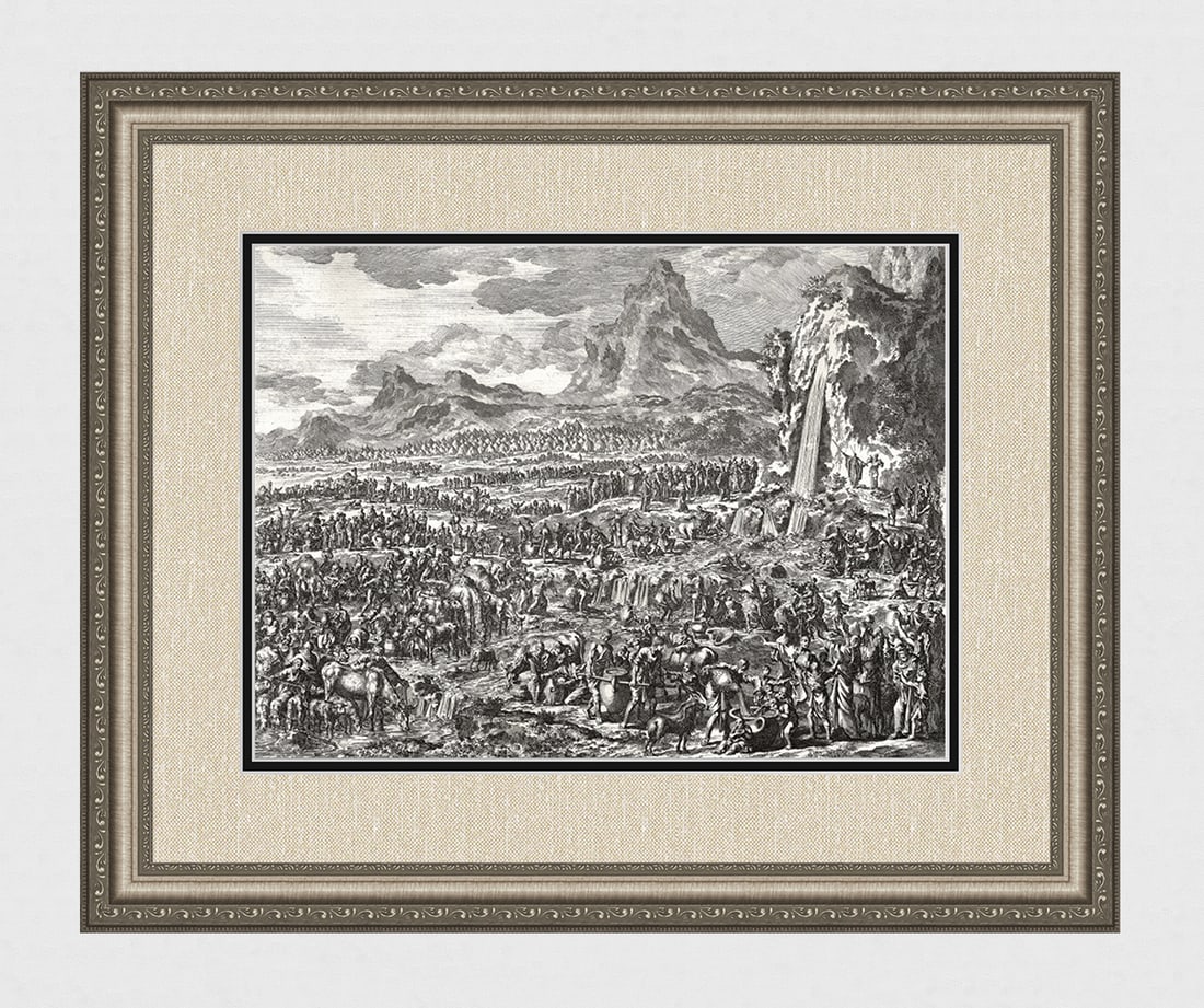 1747 Monumental Engraving Jan Luyken Moses Striking the Rock Framed: Jan Luyken (Dutch, 1649 - 1712). Moses Striking the Rock. Antique engraving on laid paper. Year: 1747. Publisher: Frans Houtteyn. Reference: Hollstein / Dutch and Flemish etchings, engravings and wood