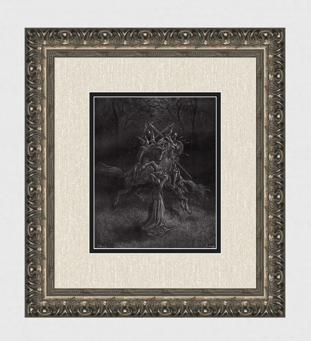 1800s SIGNED DORE Orlando Furioso Woodcut Doralice is distraught FRAMED: Gustave Dore (Paul Gustave Louis Christophe Dore )(French, 1832-1883). Doralice is distraught as the rivals fight over her. (From Orlando Furioso). Antique woodcut on wove paper after the original