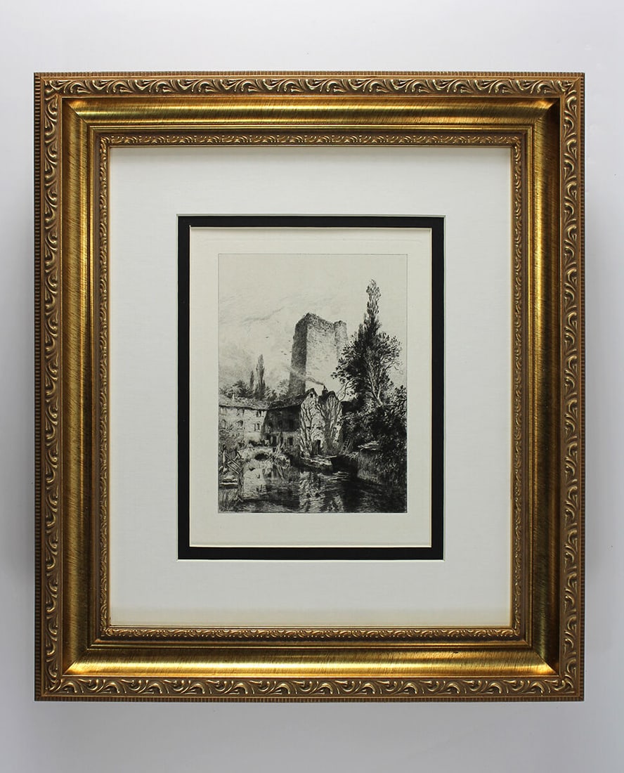Brunet DEBAINES Original 1800s Etching Oxford Castle Signed Framed: Alfred Louis Brunet Debaines. (1845-1939). "Oxford Castle." Original etching on thick laid paper. 1879. Signed in the plate lower left. Excellent condition. Image size 5 1/4 x 7 inches. Framed
