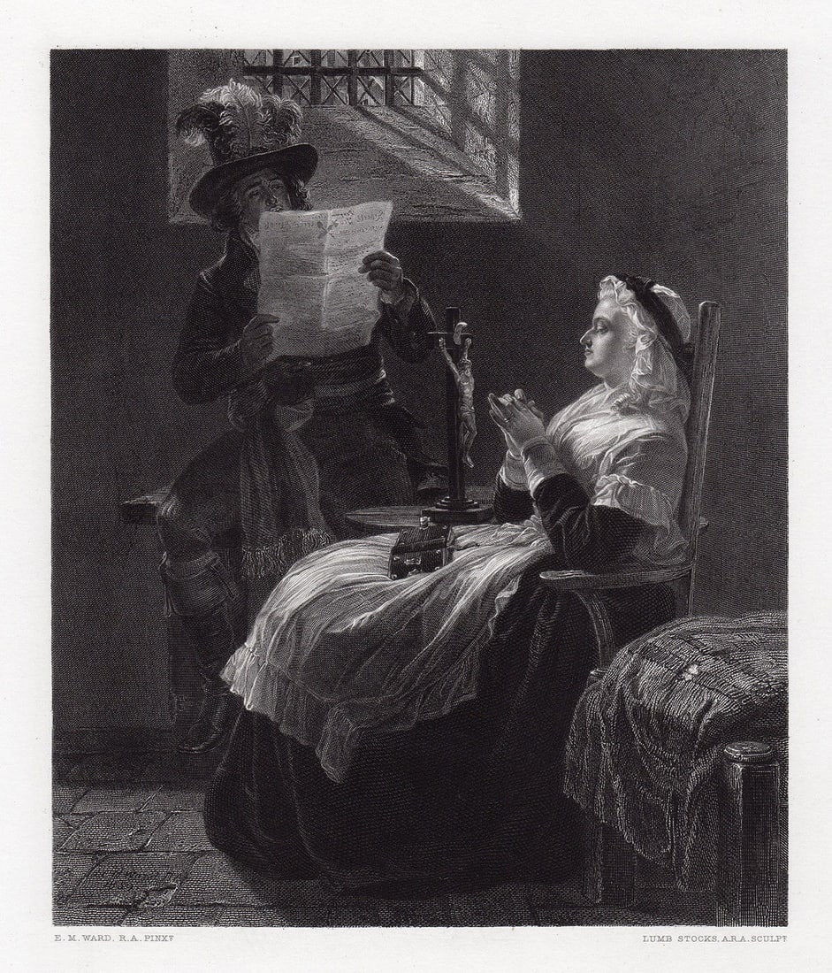 Edward Matthew Ward 1872 Engraving Marie Antoinette Signed Framed: Edward Matthew Ward. (English, 1816-1879). Marie Antoinette listening to the Act of Accusation. Antique Engraving on wove paper after the original oil on canvas by master engraver Lumb Stocks