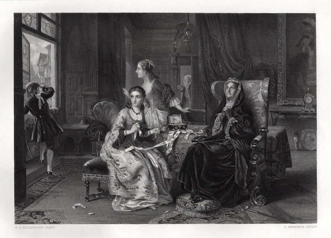 1800s Probert HILLINGFORD Antique Engraving Waiting for the Suitor Framed Signed: Robert Alexander Hillingford (English, 1828 - 1904). The White Cockade. Antique engraving after the original by master engraver George Greatbach (British, 1819-1884). Year: 1871. Signed in the plate.