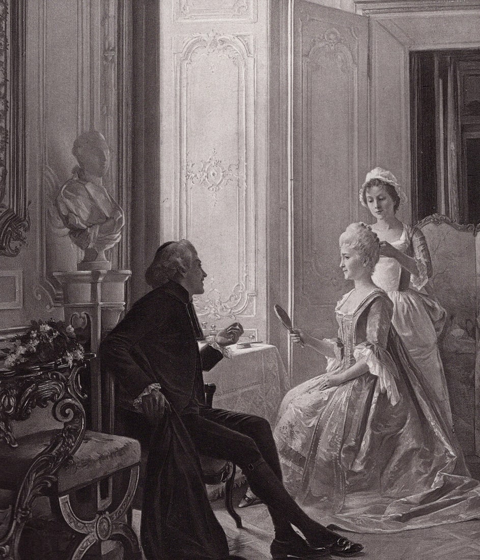 1800s Jules GIRARDET Antique Print Maid Combing a Woman's Hair FRAMED SIGNED: Jules Girardet (French, 1856 - 1938). Madrigal. Antique heliogravure on heavy wove paper after the original. Year: c. 1890. Signed in the plate lower left. Image Size 7 5/8 x 9 3/4 inches. Framed dime