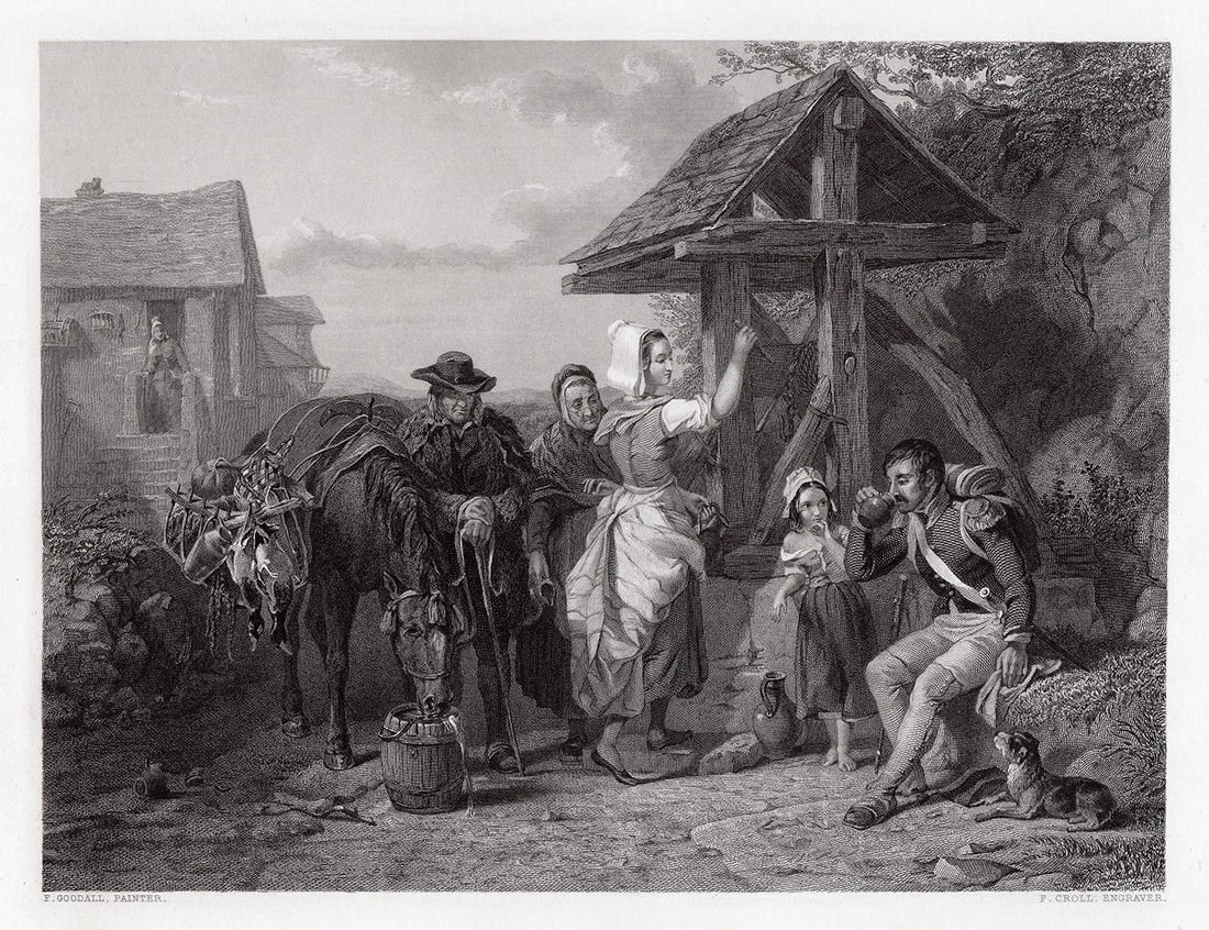 Frederick Goodall The Tired Soldier engraving signed: Frederick Goodall. (English, 1822 - 1904). The Tired Soldier. Antique engraving on wove paper after the original by master engraver Francis Croll (Scottish, c. 1827 - 1854). 1852. Signed in the plate.