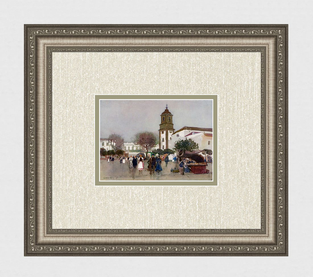 ALFRED EAST Antique Color Print The Cathedral Church Spain SIGNED: Sir Alfred East (English, 1844 - 1913). The Cathedral Church, Algeciras. Antique color print on wove paper after the original water color painting. Year: 1909. Signed in the plate, bottom left. Image