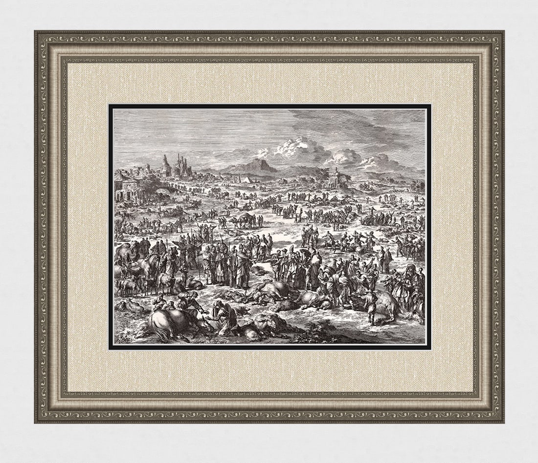 1747 Monumental Engraving Jan Luyken Plague of Pestilence Framed: Jan Luyken (Dutch, 1649 - 1712). The Fifth Plague: Pestilence. Antique engraving on laid paper. Year: 1747. Publisher: Frans Houtteyn. Reference: Hollstein / Dutch and Flemish etchings, engravings and