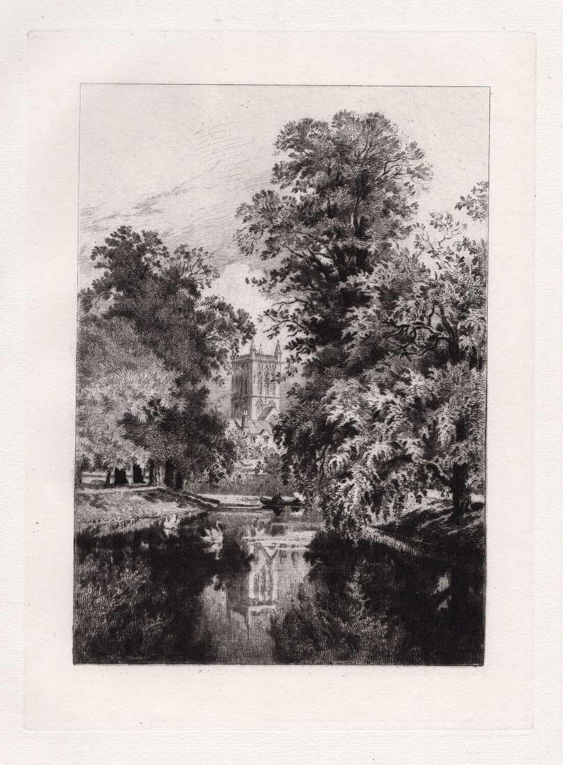 Alfred Louis Brunet-Debaines St. John's Chapel, from the River 1880 etching: Alfred Louis Brunet-Debaines (1845-1939). St. John's Chapel, from the River. Original hand pulled copper plate etching on laid paper. 1880. Excellent. Image Size 7 3/8 x 10 1/8 inches. Approximately 1