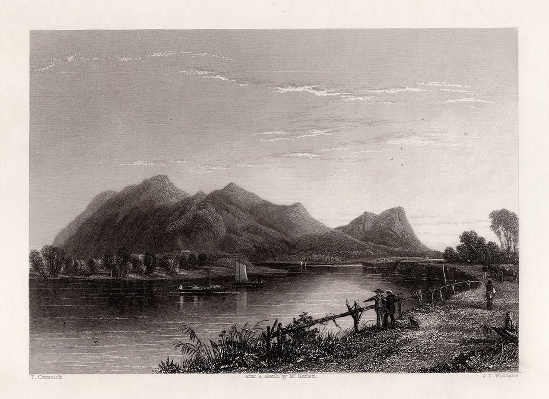 1800s Thomas CRESWICK Engraving "Mount Tom & Connecticut River" FRAMED SIGNED: Thomas Creswick (English, 1811 – 1869). Mount Tom and the Connecticut River. Antique engraving on wove paper after the original oil on canvas by master engraver James Tibbetts Willmore (British, 180