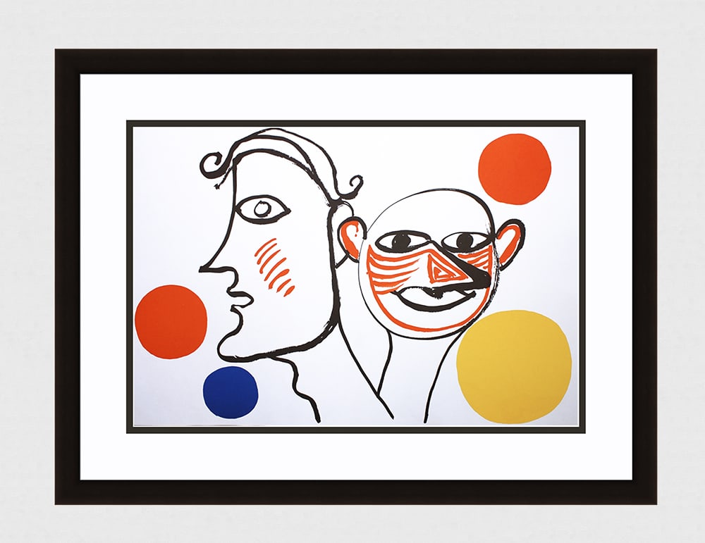 Alexander Calder Original Faces 1976 Lithograph Framed: Calder, Alexander. "Faces" Color lithograph published by Maeght, 1976. Sheet 15 x 22 inches, framed c. 23 x 30 inches. Professionally framed and matted. Notes: Reference dlm 221. This artwork is accom