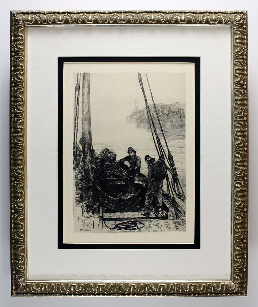 Colin Hunter Shaking the Nets etching signed: Colin Hunter. (British, Scottish, 1841-1904). Shaking the Nets. Original hand pulled copper plate etching on thick laid paper. 1880. Signed in the plate, lower left. Excellent. Image size 7 x 10 inche