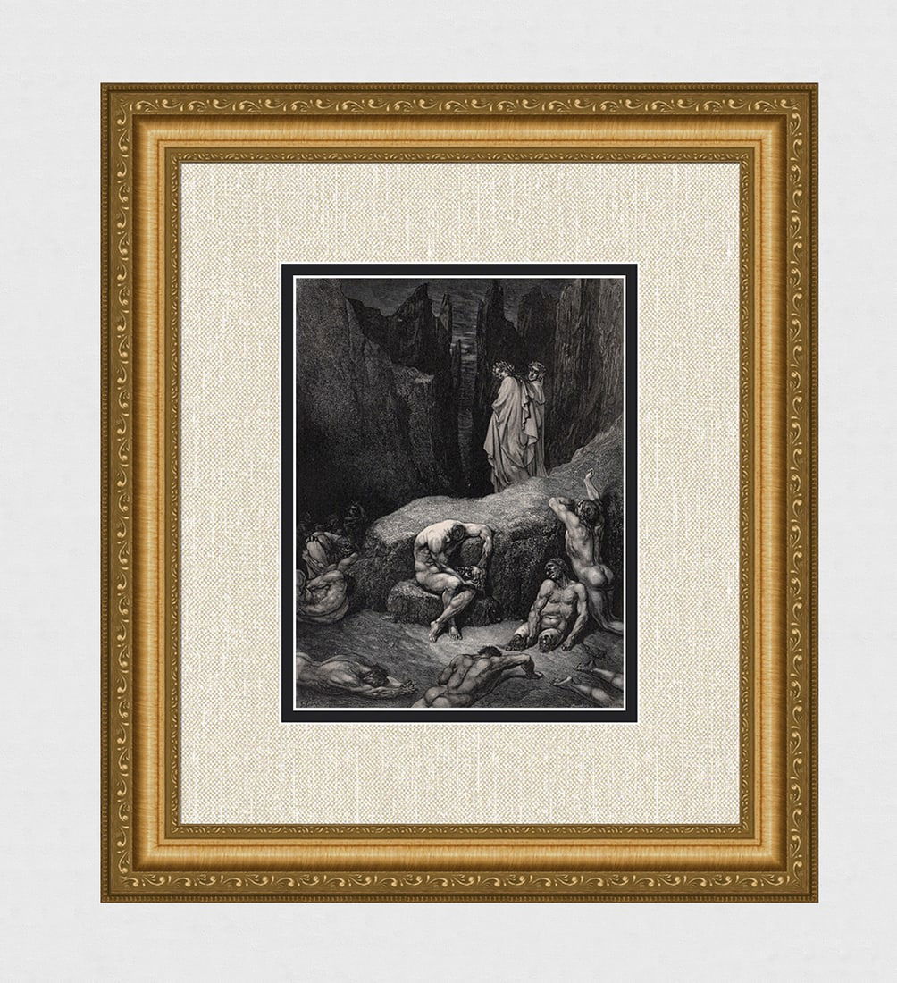 LOOK 1800s Gustave Dore Signed Divine Conedy Wood Engraving "Geri del Bello" Framed COA (1 of 4)