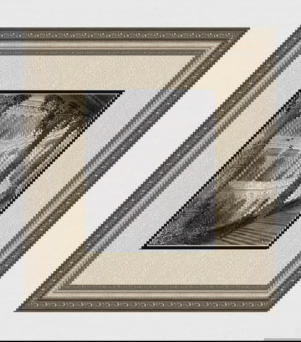 1800s Gustave Dore Woodcut ATLANTE'S PALACE OF ILLUSions Signed Framed: Gustave Dore (Paul Gustave Louis Christophe Dore )(French, 1832-1883). Astolfo in his turn is lured to Atlante's Palace of Illusions (From Orlando Furioso). Antique woodcut on wove paper after the