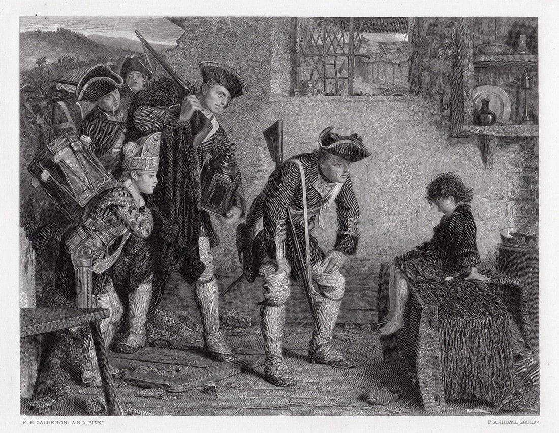 Philip Hermogenes Calderon After the Battle 1867 engraving: Philip Hermogenes Calderon. (1833-1898). After the Battle. Antique engraving on wove paper after the original by master engraver Frederick Augustus Heath (1810 - 1878). 1867. Signed in the plate.