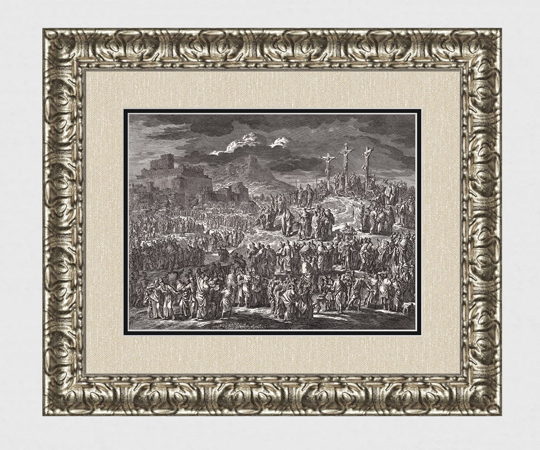 1747 Monumental Engraving Jan Luyken The Crucifixion Framed: Jan Luyken (Dutch, 1649 - 1712). Christ Crucified Between the Two Thieves. Antique engraving on laid paper. Year: 1747. Publisher: Frans Houtteyn. Reference: Hollstein / Dutch and Flemish etchings,